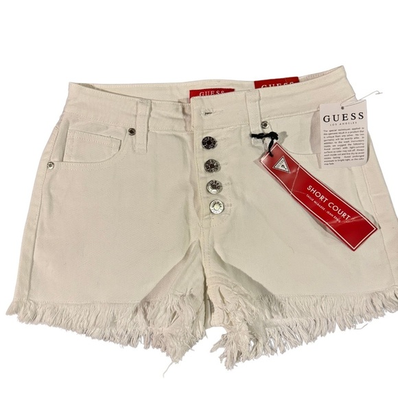 Guess Emma Mid Rise Button Fly Frayed White Denim Shorts 26 - Picture 3 of 5